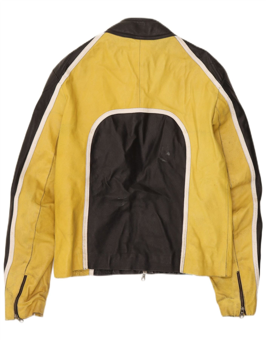 VINTAGE Herre Læder Racer Jakke IT 48 Medium Sort Colourblock Læder