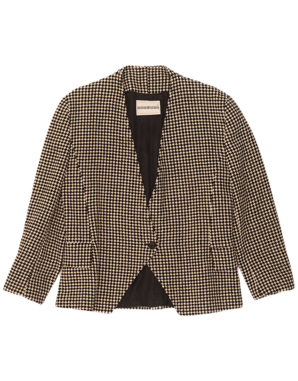 Vintage dame 1-knaps blazerjakke UK 14 Medium Black Houndstooth Uld
