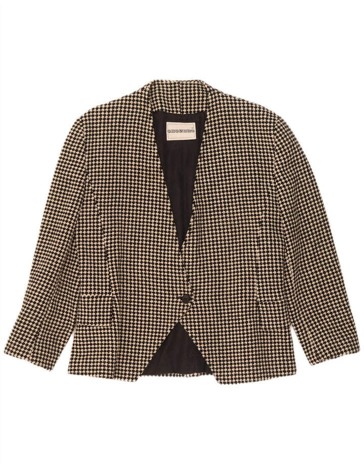 Vintage dame 1-knaps blazerjakke UK 14 Medium Black Houndstooth Uld