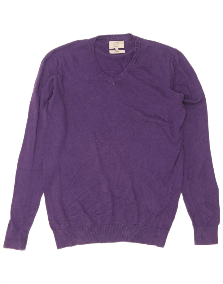 Marks & Spencer Herre Regular Fit V-hals sweater Medium Lilla Bomuld