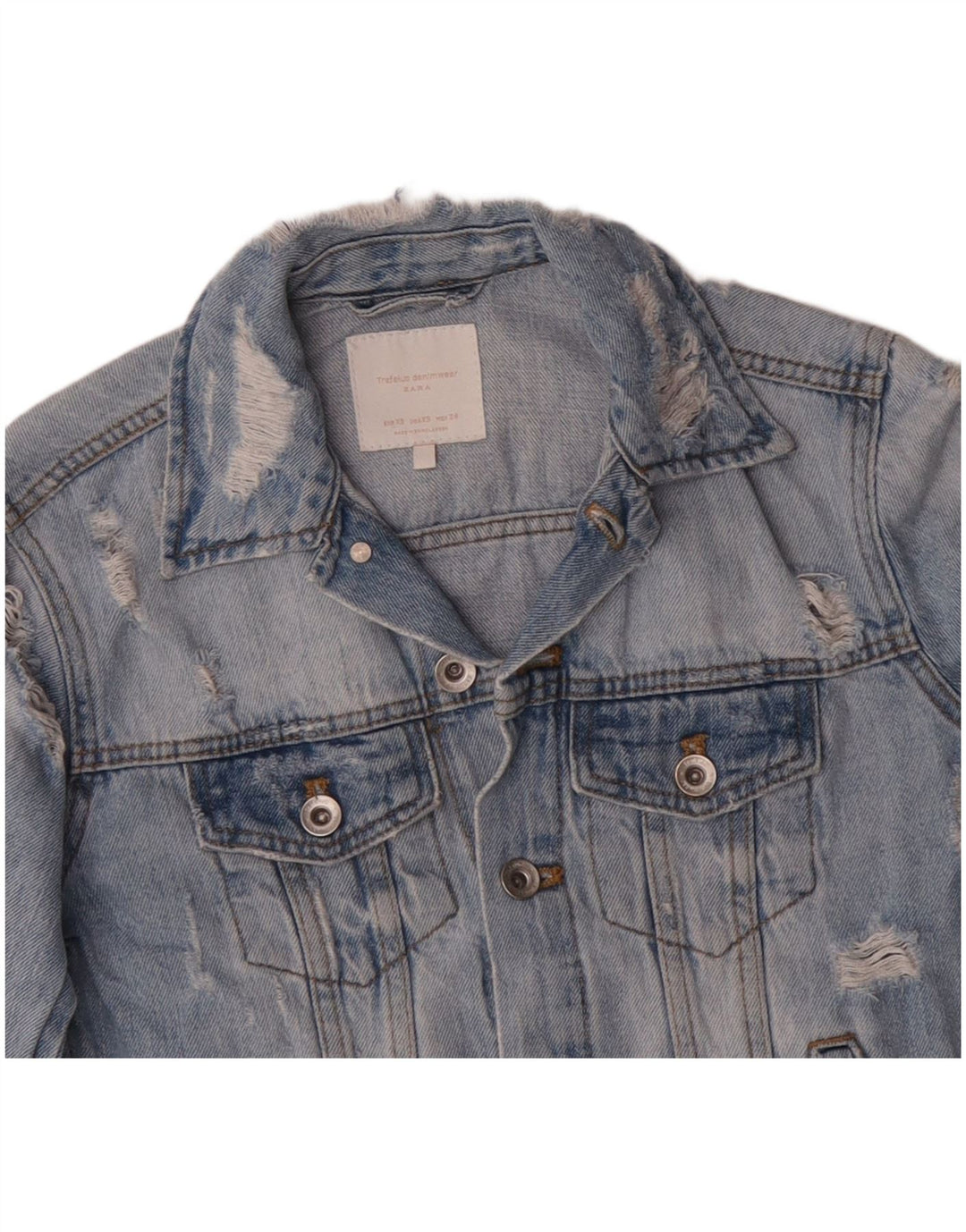 ZARA Dame Distressed Denim Jacket UK 6 XS Blue Cotton