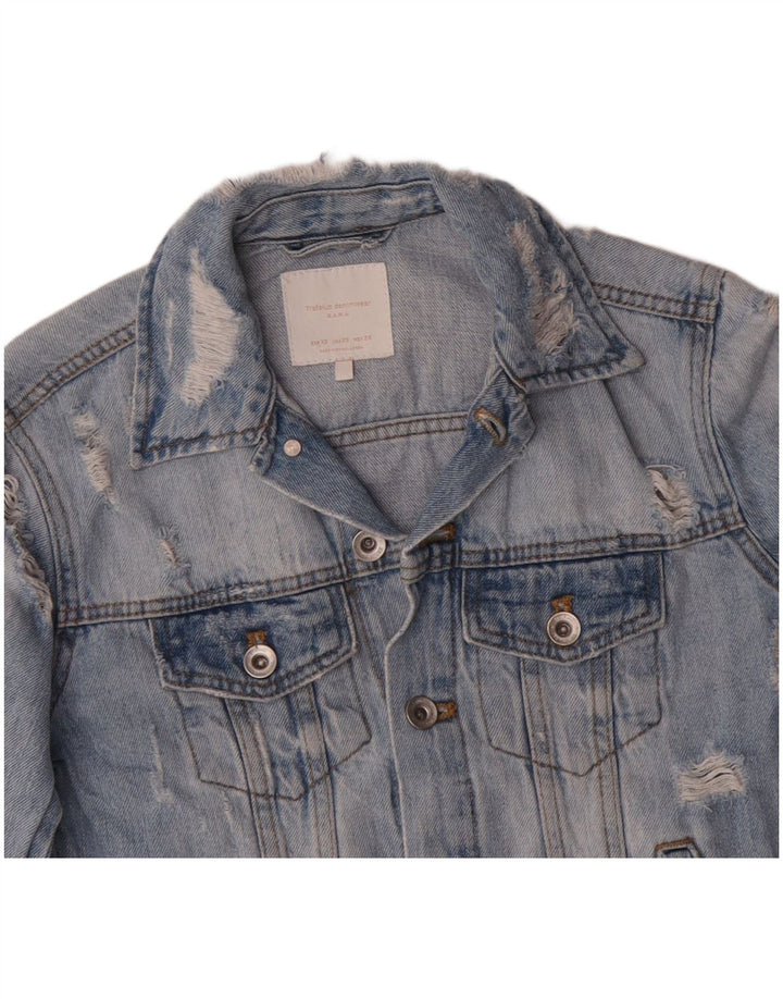 ZARA Dame Distressed Denim Jacket UK 6 XS Blue Cotton