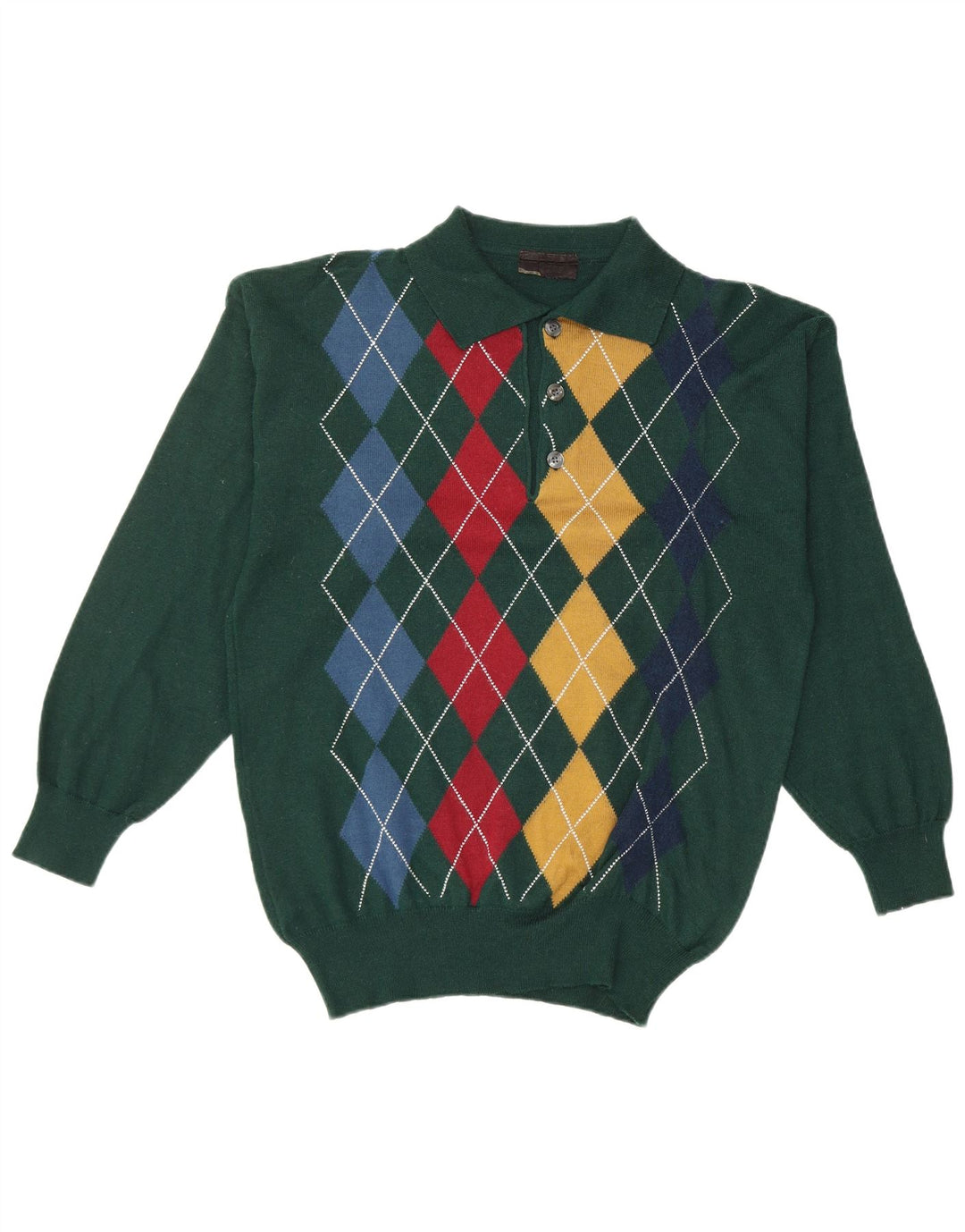 VINTAGE Polo-halstrøje til mænd Small Green Argyle/Diamond Wool