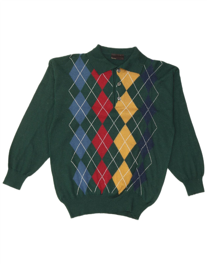 VINTAGE Polo-halstrøje til mænd Small Green Argyle/Diamond Wool
