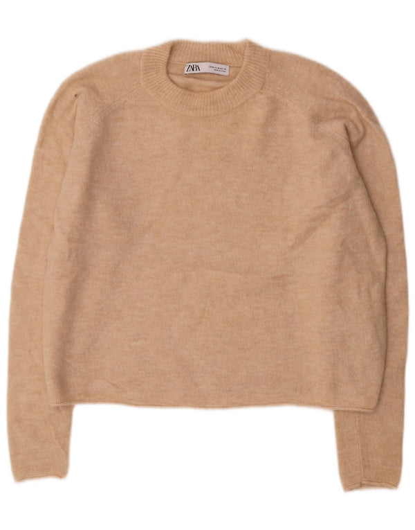 ZARA Dame Oversized Crop Crew Neck Jumper Sweater UK 14 Medium Beige