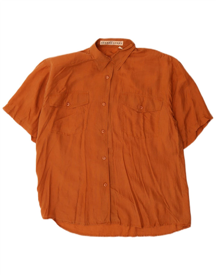 Vintage kortærmet skjorte til kvinder UK 14 Medium Brun Silke