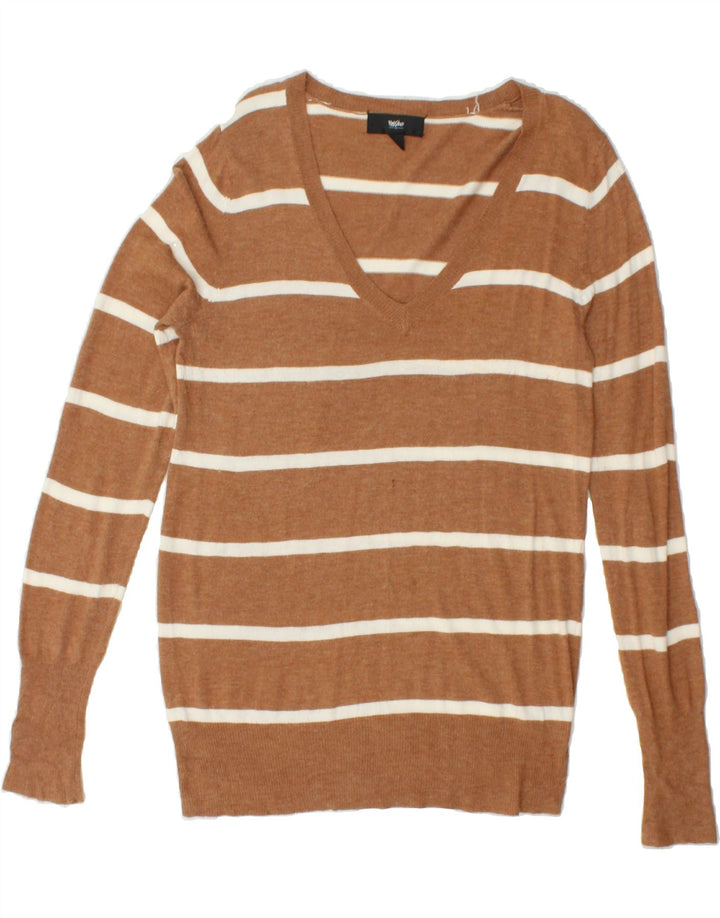 MOSSIMO Womens V-Neck Jumper Sweater UK 16 Large Brown Striped Nylon Vintage Mossimo and Second-Hand Mossimo from Messina Hembry 