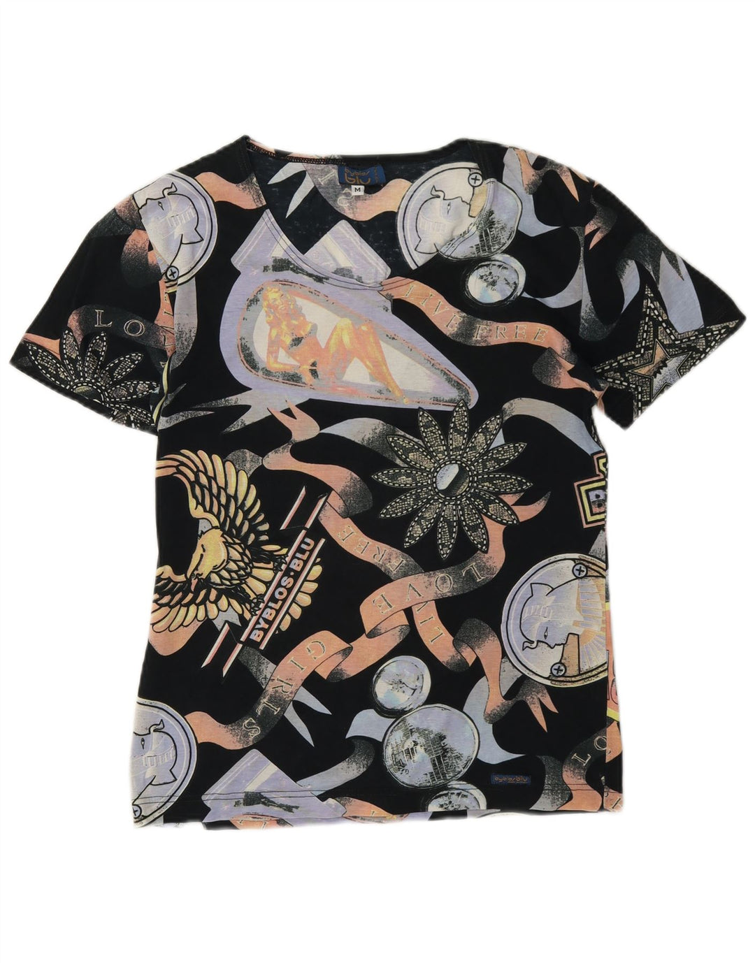 Byblos Dame Grafisk T-Shirt Top UK 12 Medium Flerfarvet Bomuld