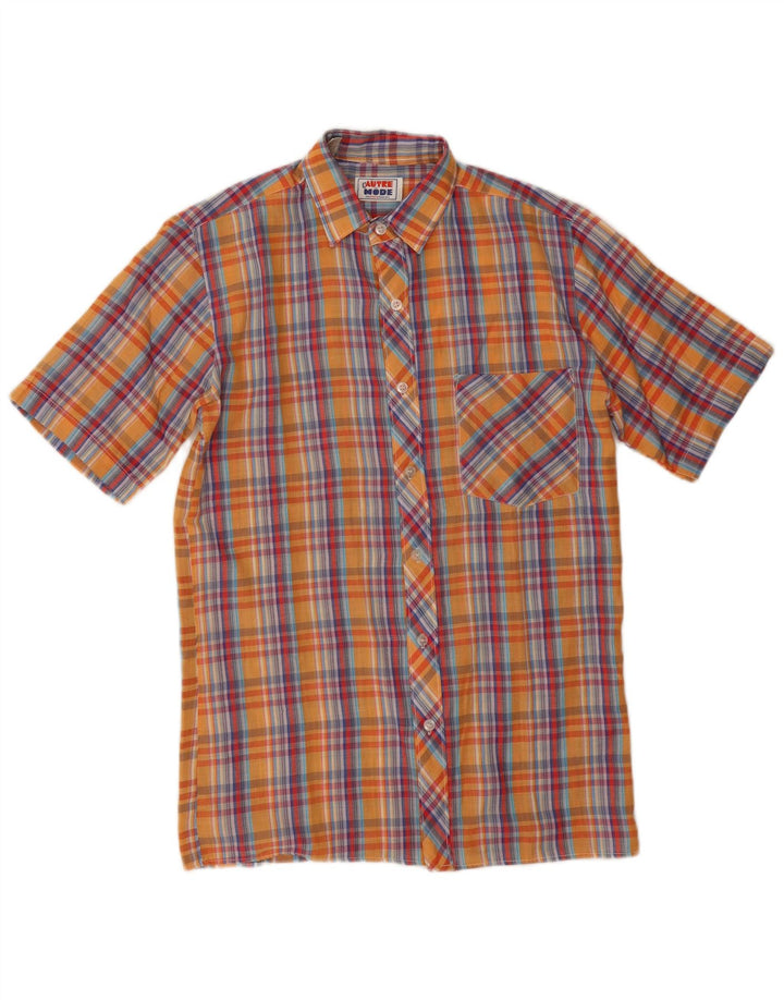 Vintage kortærmet herreskjorte lille orange ternet polyester