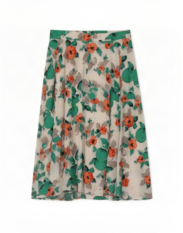 Madeleine Dame Højtalje Flared Nederdel IT 42 Medium W30 Hvid Blomster