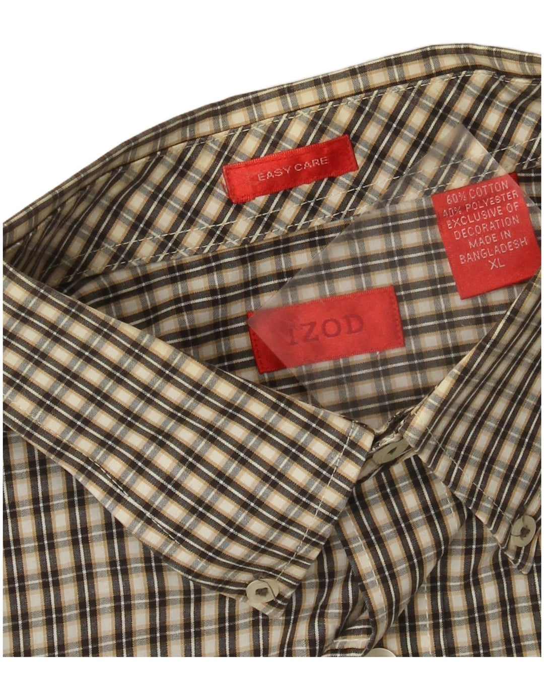 Izod Herre Easy Care Shirt XL Beige Gingham Cotton