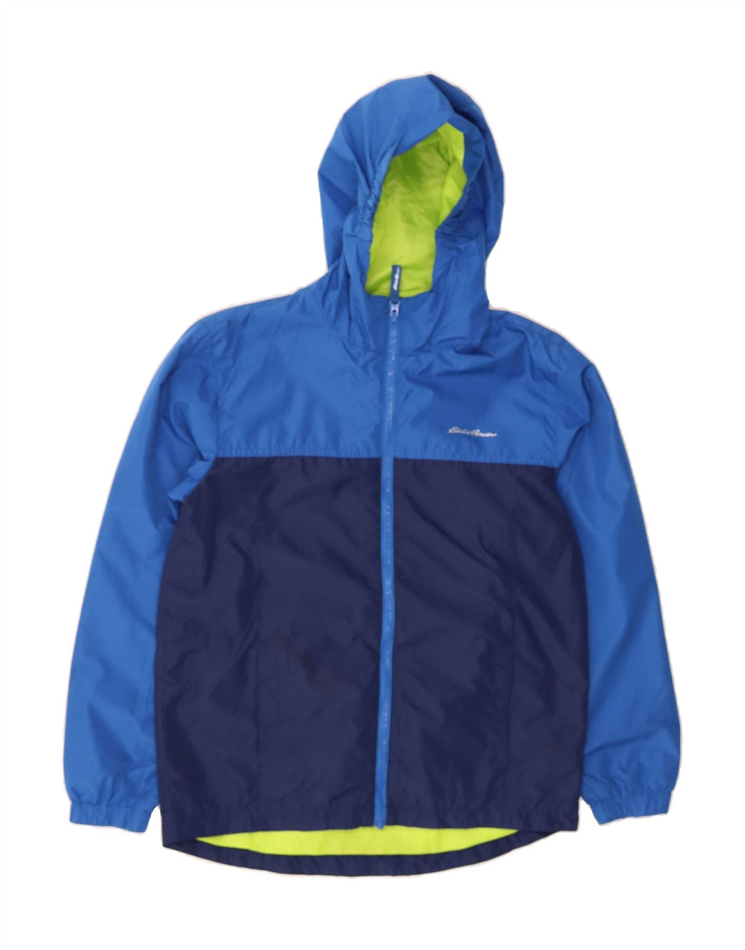 EDDIE BAUER Boys Hooded Rain Jacket 14-15 Years Large  Blue Colourblock Vintage Eddie Bauer and Second-Hand Eddie Bauer from Messina Hembry 