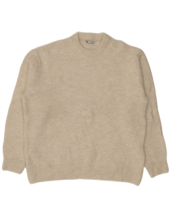 ZARA Herre Crew Neck Jumper Sweater Stor Beige Akryl