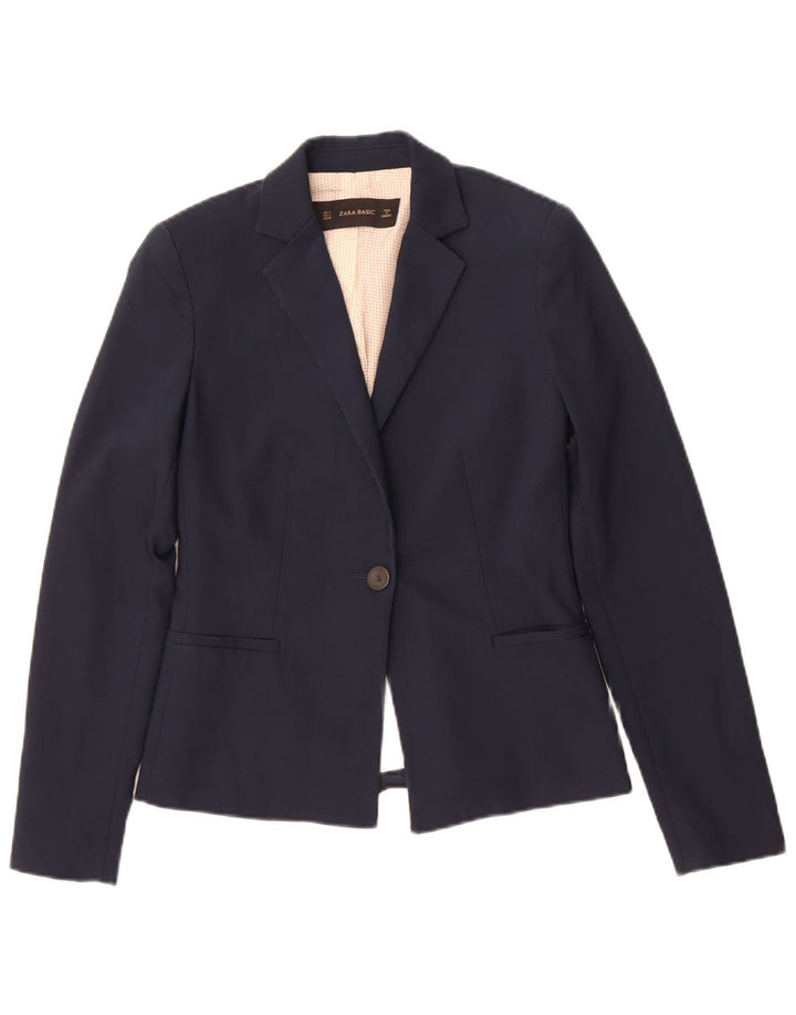 Zara Dame 1 Knap Blazer Jacket UK 10 Small Navy Blue Bomuld