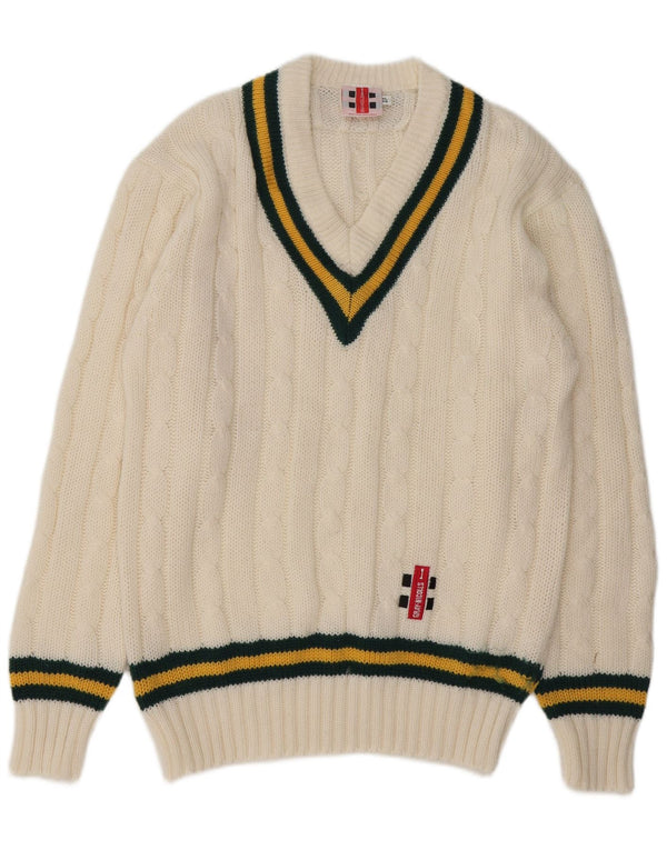 Grå-Nicolls Herre V-hals sweater UK 44 XL Hvidstribet akryl