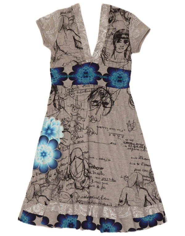 Desigual Kvinders Graphic A-Line Kjole UK 12 Medium Grey Floral Bomuld