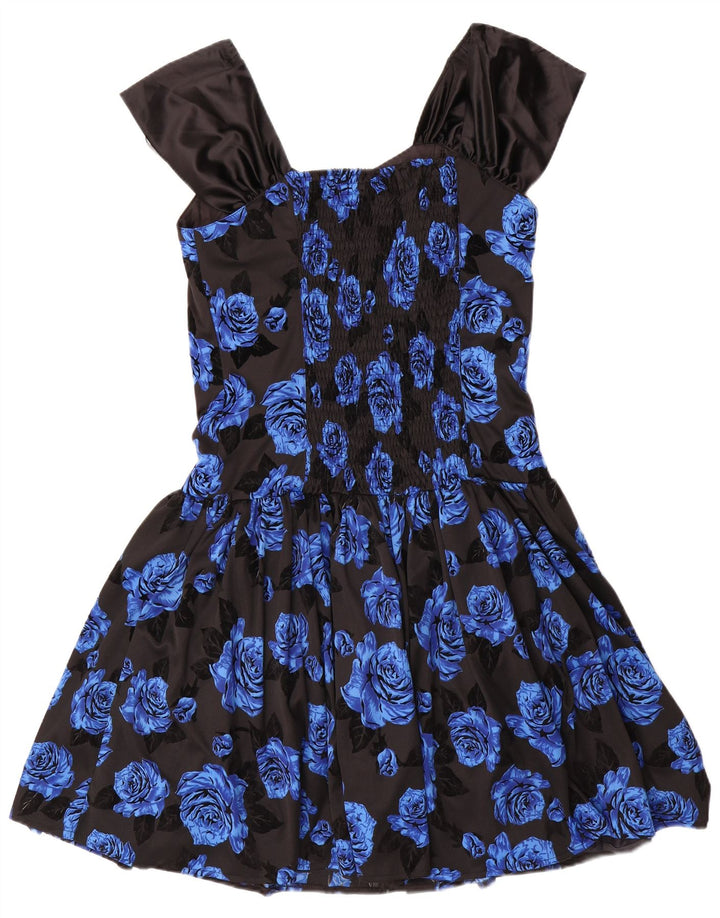 VINTAGE ærmeløs A-line kjole til kvinder IT 42 Medium Blue Floral Polyester