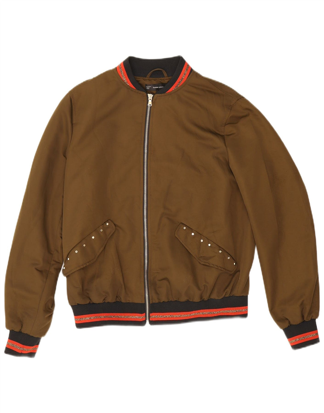 Zara Graphic Bomber Jacket UK 14 Medium Khaki stribet