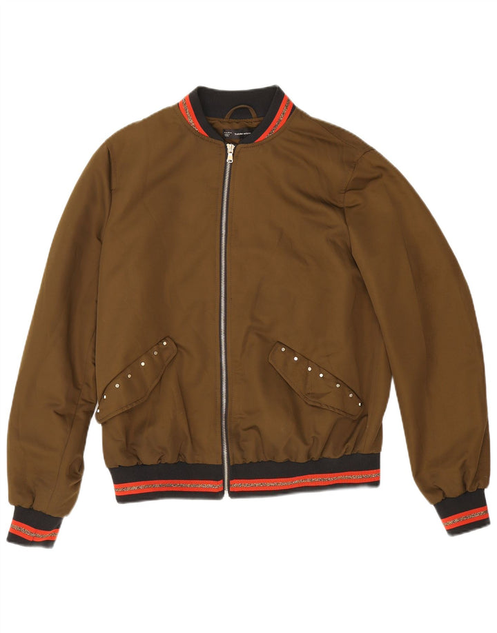 Zara Graphic Bomber Jacket UK 14 Medium Khaki stribet