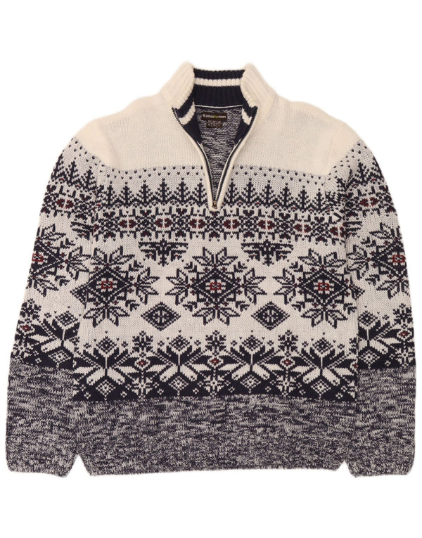Atlas For Mænd Herre Zip Neck Jumper Sweater Large Navy Blue Fair Isle
