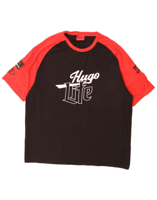 Hugo Boss Herre Grafisk T-Shirt Top XL Sort Colourblock Bomuld