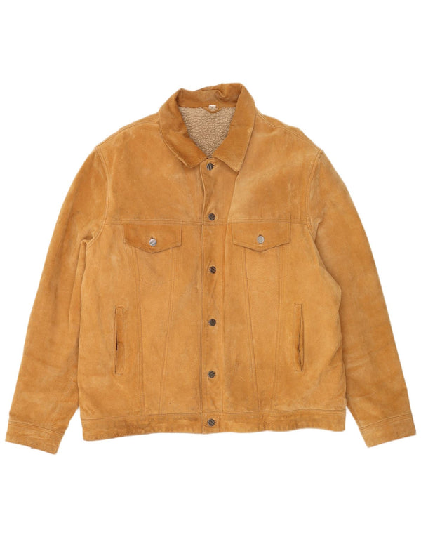 Vintage Herre Loose Fit Sherpa Ruskindsjakke EU 60 Large Beige Læder