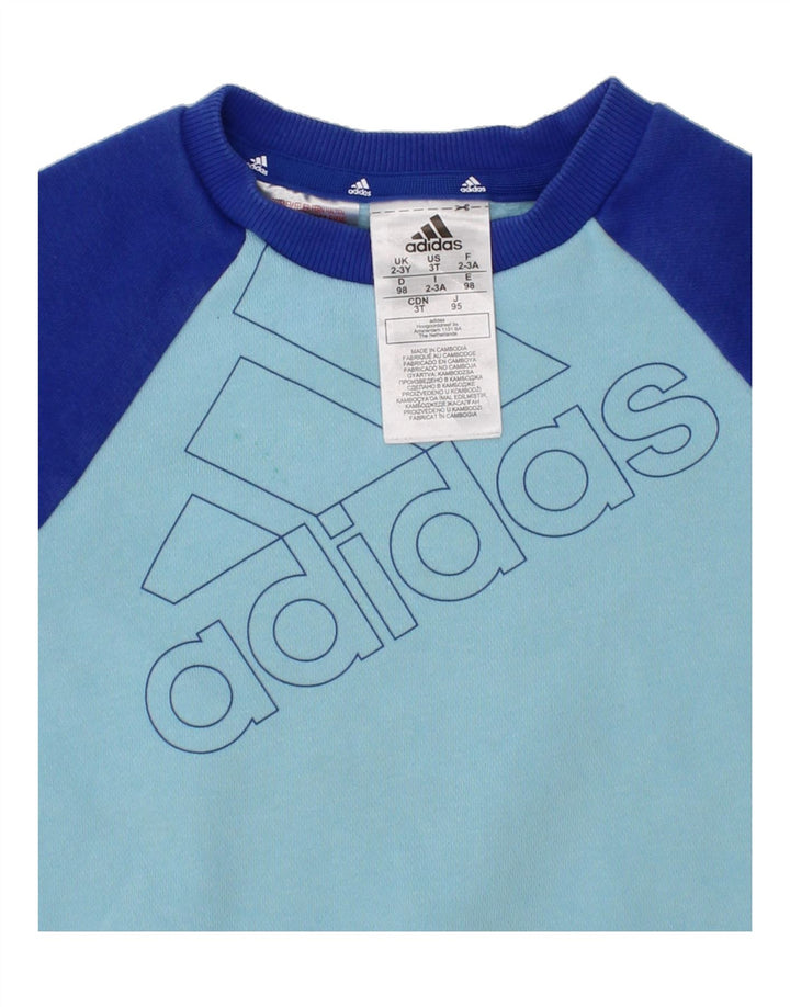 ADIDAS Boys Graphic Sweatshirt Jumper 2-3 Years Blue Colourblock Cotton Vintage Adidas and Second-Hand Adidas from Messina Hembry 