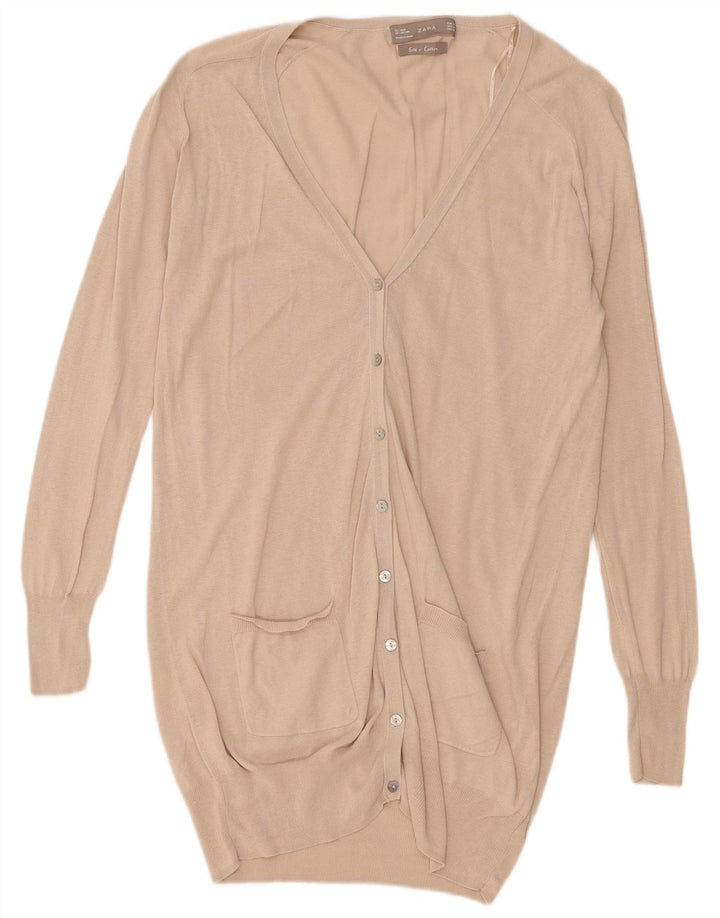 Zara Dame Longline Cardigan Sweater UK 14 Medium Beige Silke