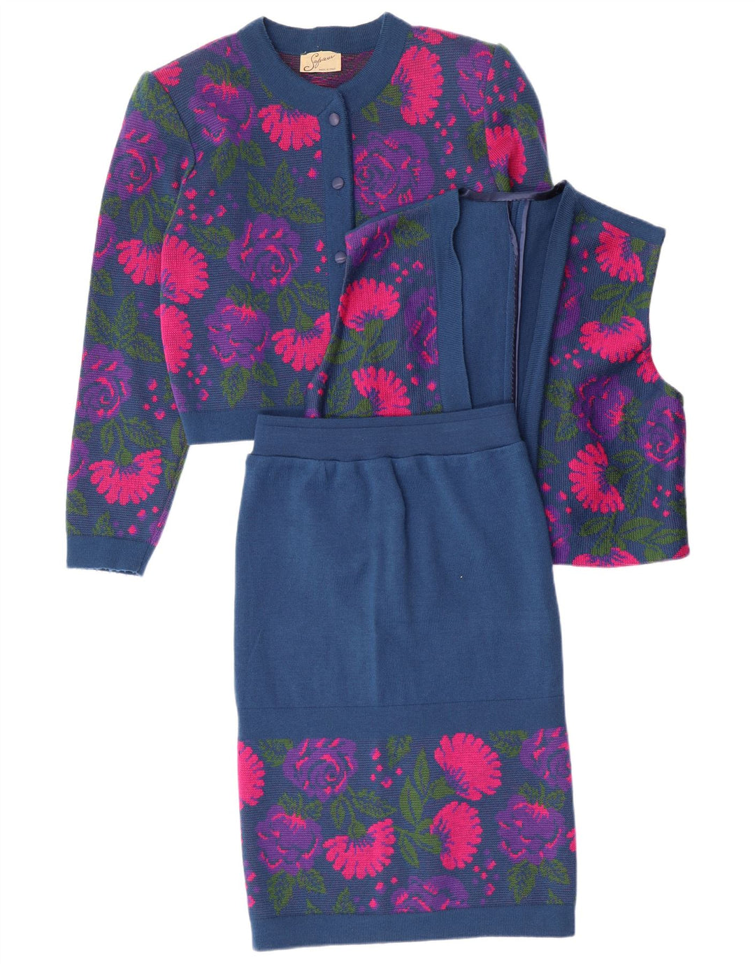 VINTAGE Dame 3-delt sæt IT 46 Stort W26 Marineblå Floral Virgin Wool