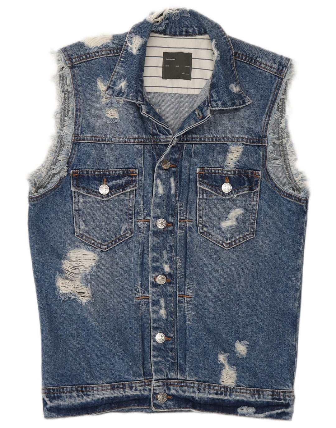 Zara Herre Distressed Denim Gilet UK 36 Small Blue Cotton