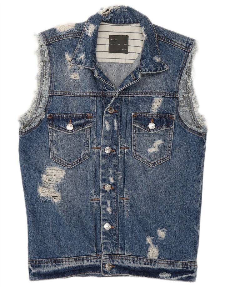 Zara Herre Distressed Denim Gilet UK 36 Small Blue Cotton