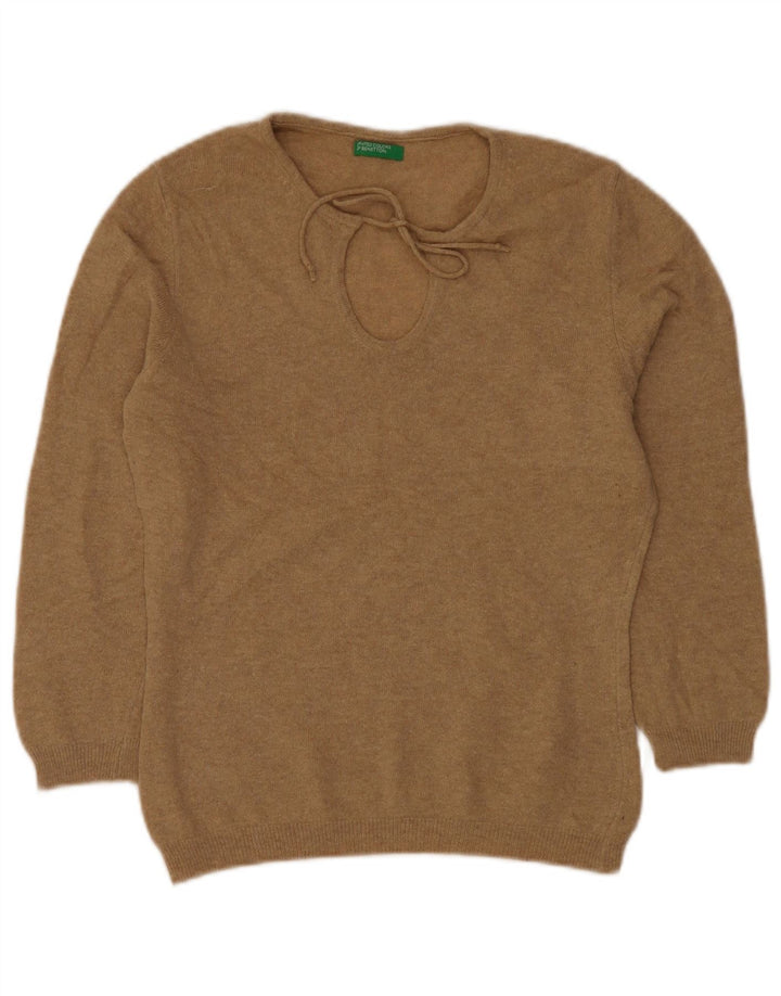 BENETTON Dame Boat Neck Jumper Sweater UK 12 Medium Beige Ny Uld