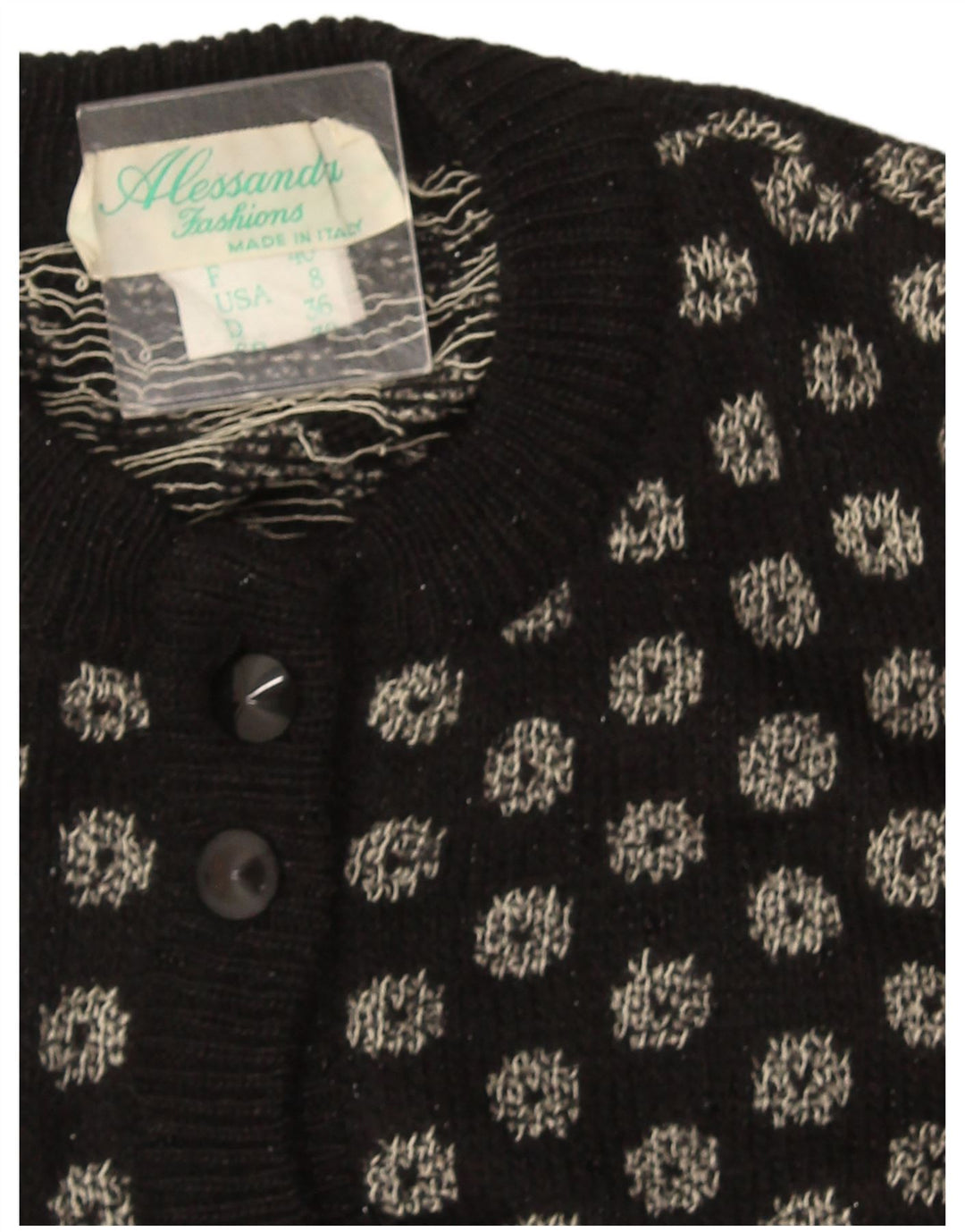Vintage Dame Crop Cardigan Sweater US 8 Medium Black Argyle/Diamond