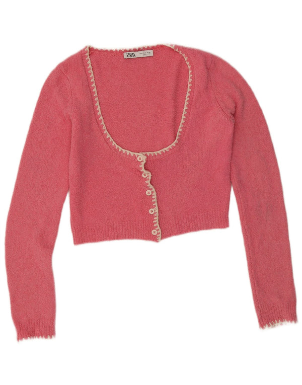 Zara Womens Crop Cardigan Sweater UK 12 Medium Pink Bomuld