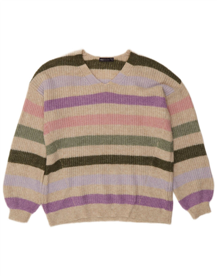 Marks & Spencer Dame V-hals sweater UK 14 Medium Beige Stribet