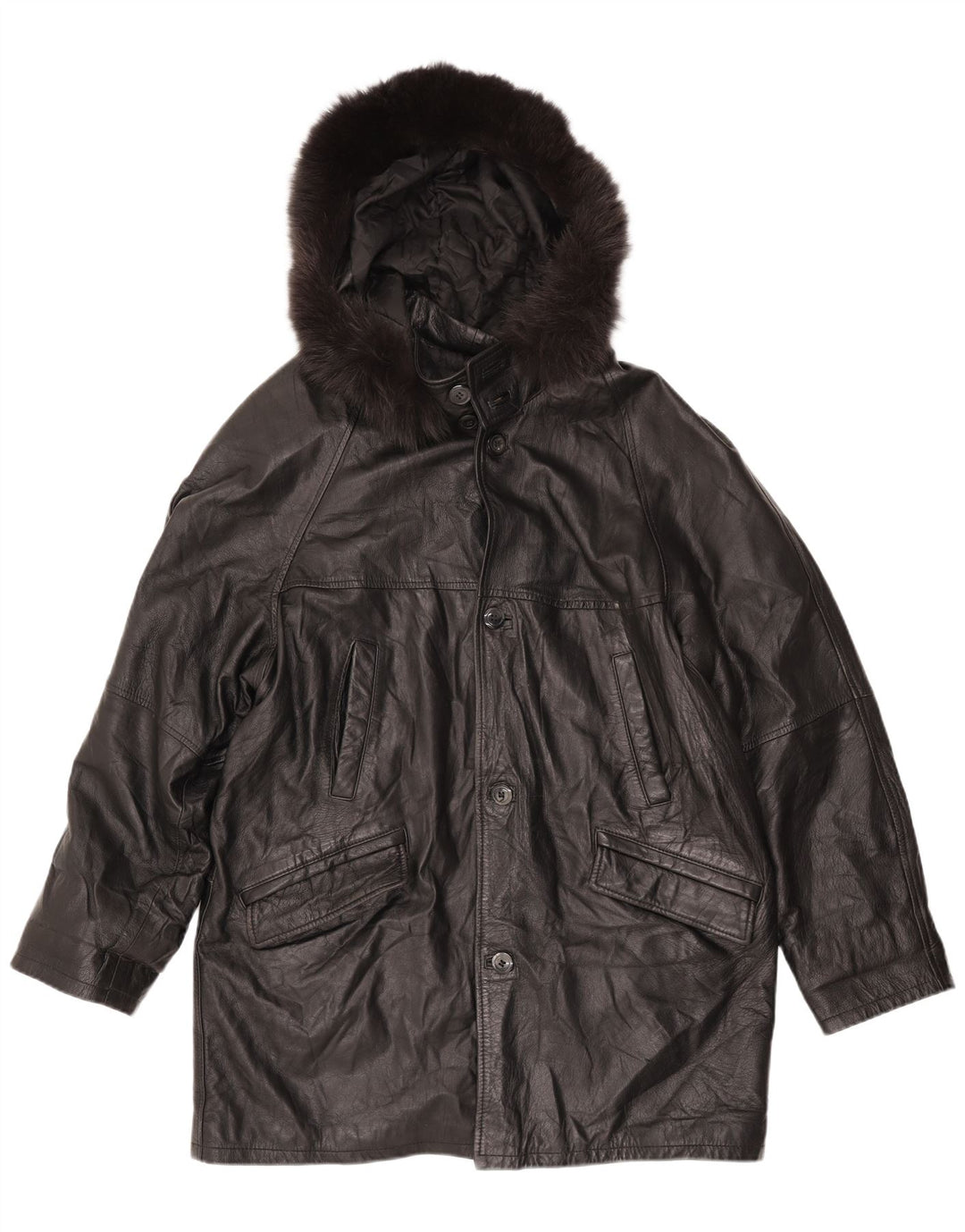 Vintage Dame Loose Fit Hooded Læderfrakke UK 18 XL sort læder