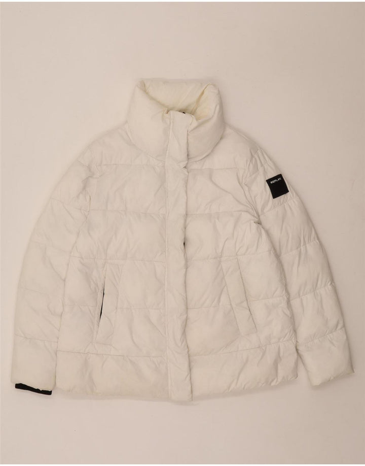 Replay Kvinders Grafisk Oversized Polstret Jakke UK 6 XS Hvid Polyester
