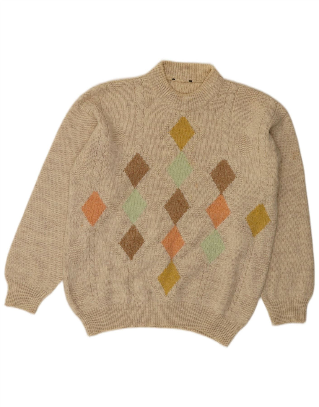 VINTAGE Herre Crew Neck sweater Medium Beige Argyle/Diamond