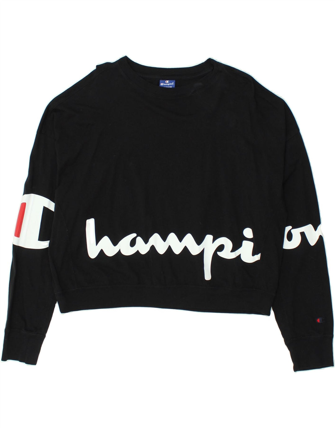 CHAMPION Dame Grafisk Crop Sweatshirt Jumper UK 14 Medium Sort Bomuld