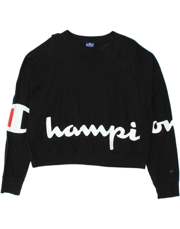 CHAMPION Dame Grafisk Crop Sweatshirt Jumper UK 14 Medium Sort Bomuld
