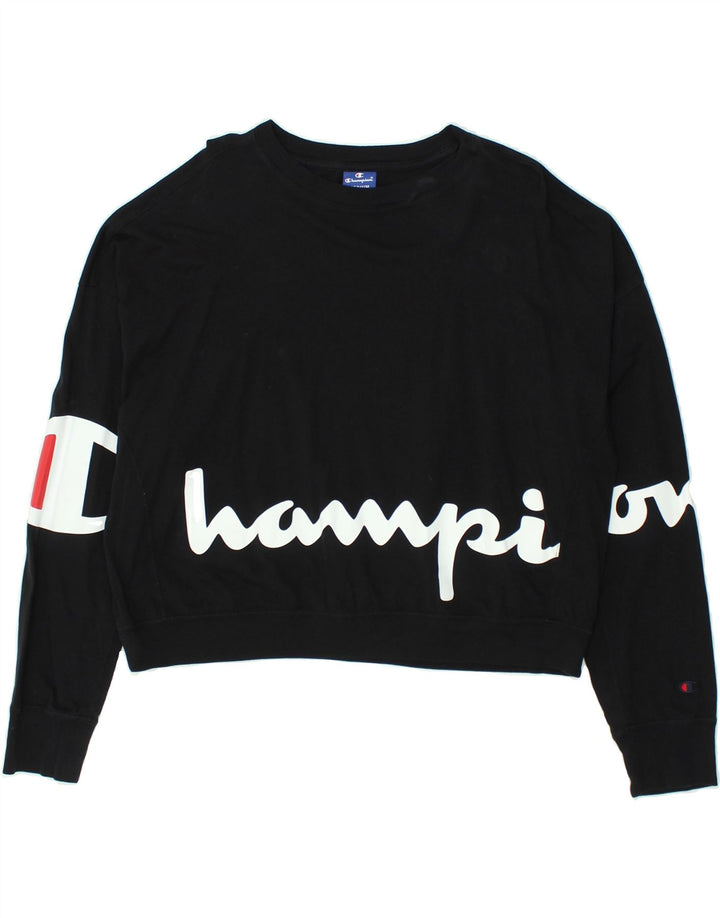 CHAMPION Dame Grafisk Crop Sweatshirt Jumper UK 14 Medium Sort Bomuld