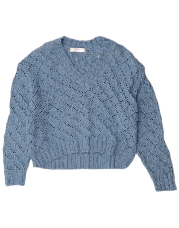Zara Dame Oversized V-hals sweater UK 10 Small Blue Acryl