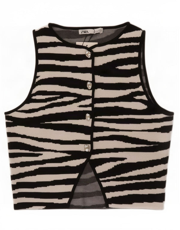 Zara Womens Sleeveless Crop Top UK 12 Medium Black Animal Print Viscose