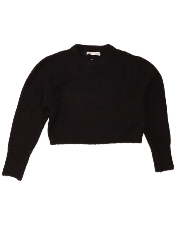 Zara Womens Crop Crew Neck Jumper Sweater UK 14 Medium Black Acryl