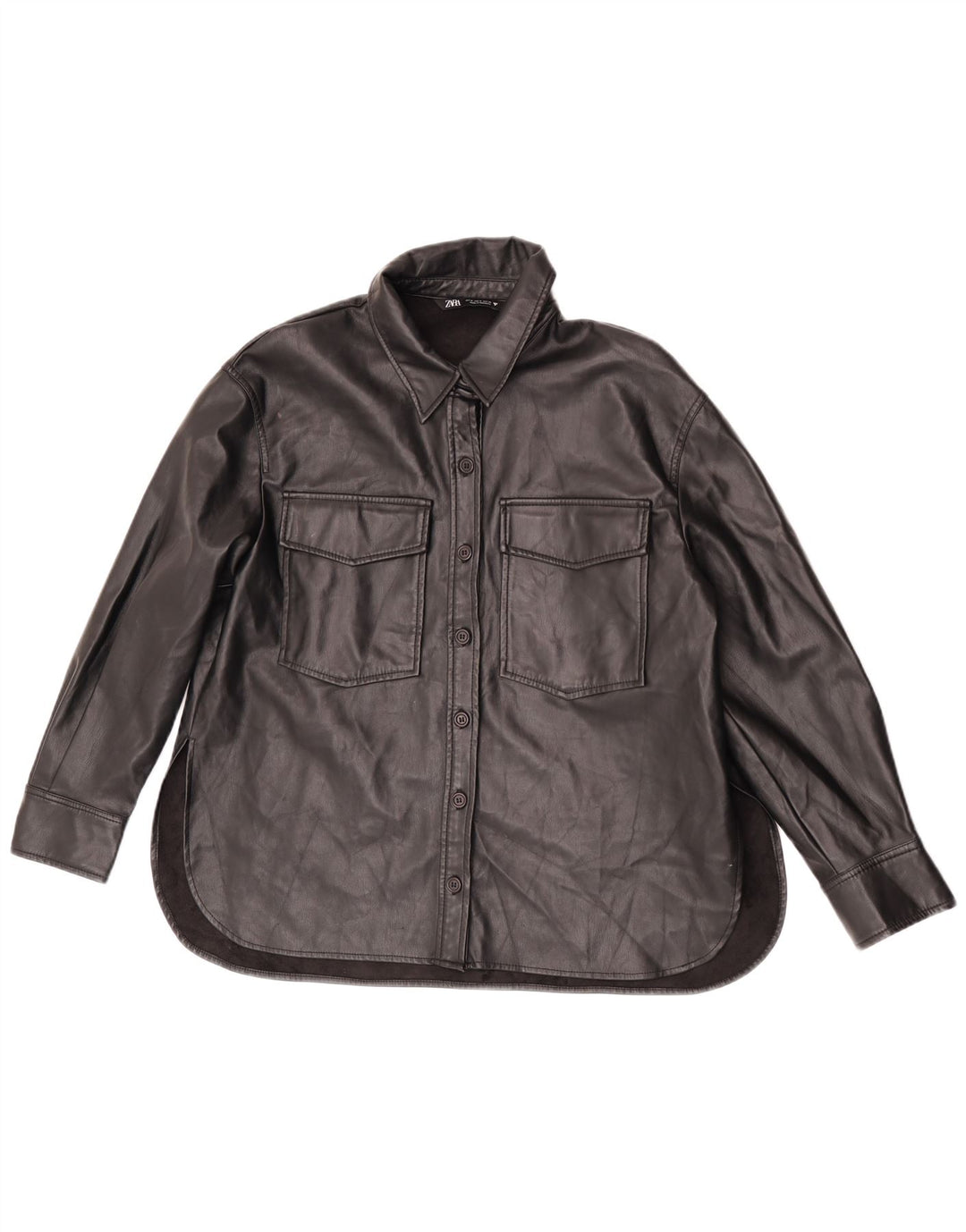Zara Dame imiteret læder skjorte UK 14 Medium Sort Polyester