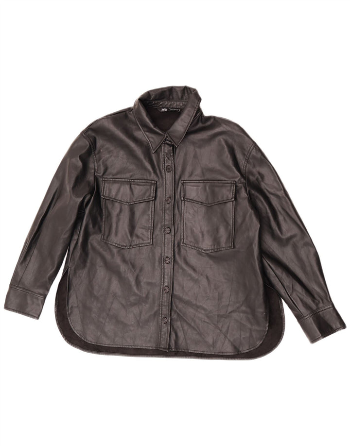 Zara Dame imiteret læder skjorte UK 14 Medium Sort Polyester
