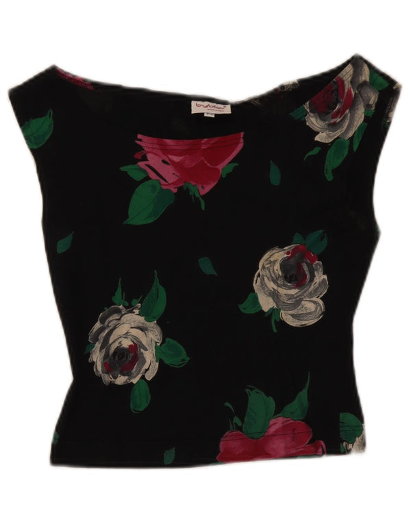 Byblos Womens Crop Ærmeløs bluse Top US 6 Medium Black Floral Cotton