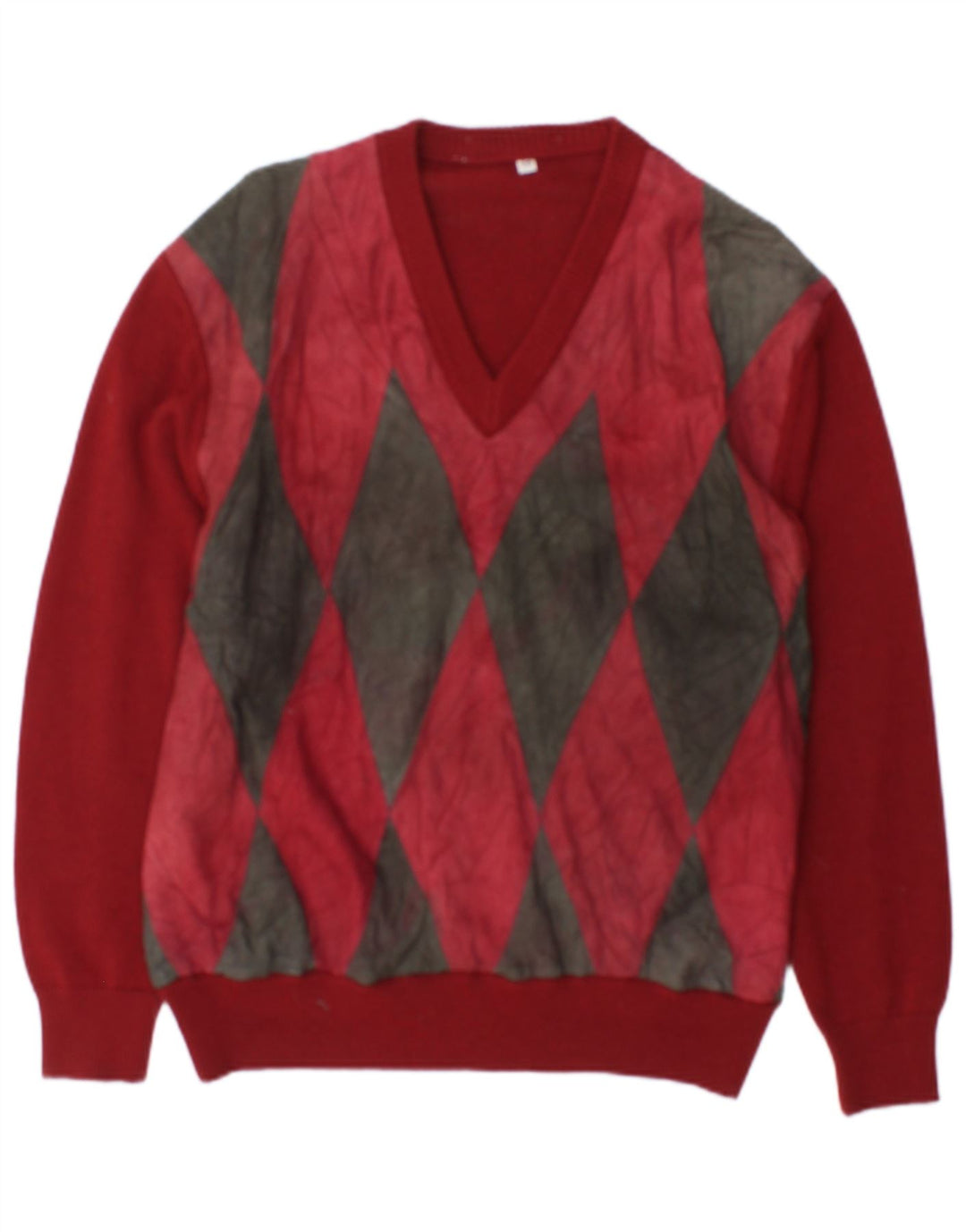 Vintage Herre V-hals sweater IT 48 Medium Burgundy Argyle/Diamond