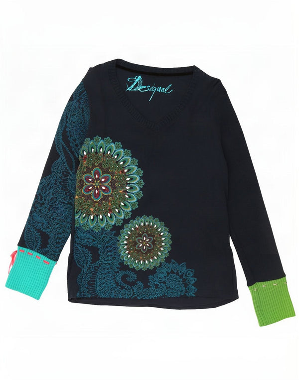 Desigual Dame Grafisk Top Langærmet UK 18 XL Navy Blue Floral Bomuld