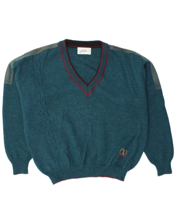 Vintage Herre V-hals sweater Stor Blå Colourblock Uld